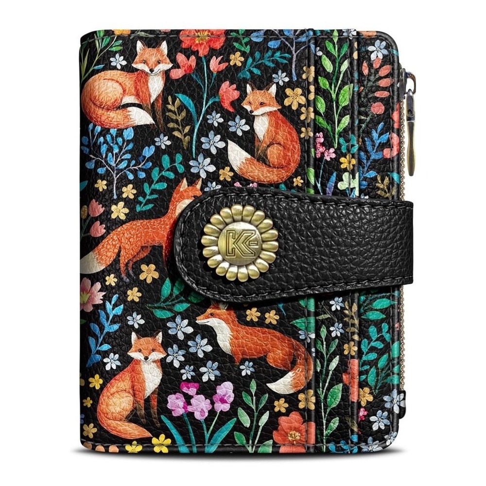 NEW Floral Fox Flowers Boho Small Rfid Women Wallet Bifold Zipper Coin Pocket